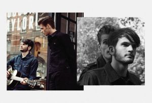 Collage Of Man Playing Guitar And One Standing In Front Of Shop In East London With Black And White Overlay Of Two Men