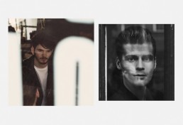 Graphic design and photography services showcasing an album inside sleeve layout with a side-by-side portrait shot in East London.