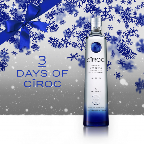 Ciroc Vodka Bottle On Christmas Themed Background 3 Day Countdown With Snow Flakes And Blue Bow Graphics