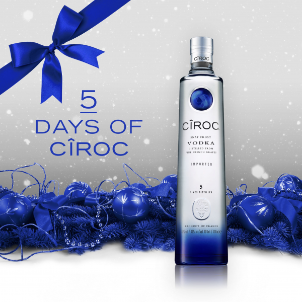 Ciroc Vodka Bottle On Christmas Themed Background 5 Day Countdown With Snow Blue Bow And Decoration Graphics