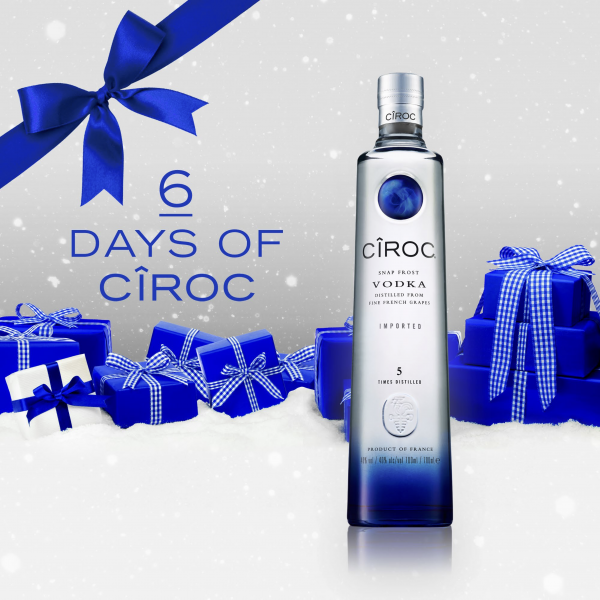 Ciroc Vodka Bottle On Christmas Themed Background 6 Day Countdown With Snow Blue Bow And Gift Boxes Graphics