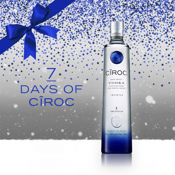 Ciroc Vodka Bottle On Christmas Themed Background 7 Day Countdown With Snow Blue Bow And Confetti Graphics