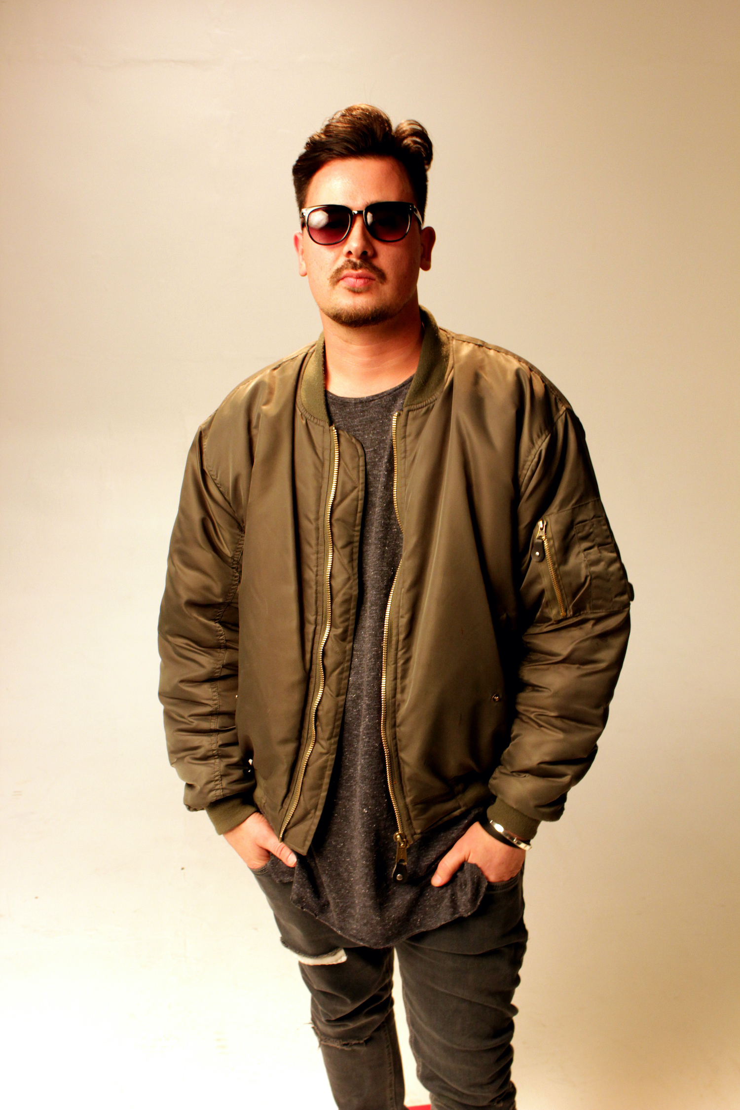 Professional Photography White Man In Green Jacket And Moustache Standing On White Studio Backdrop