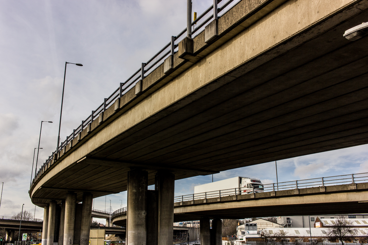 Professional Photography Concrete Roundabout In South Woodford North East London With Two Overpasses And Truck