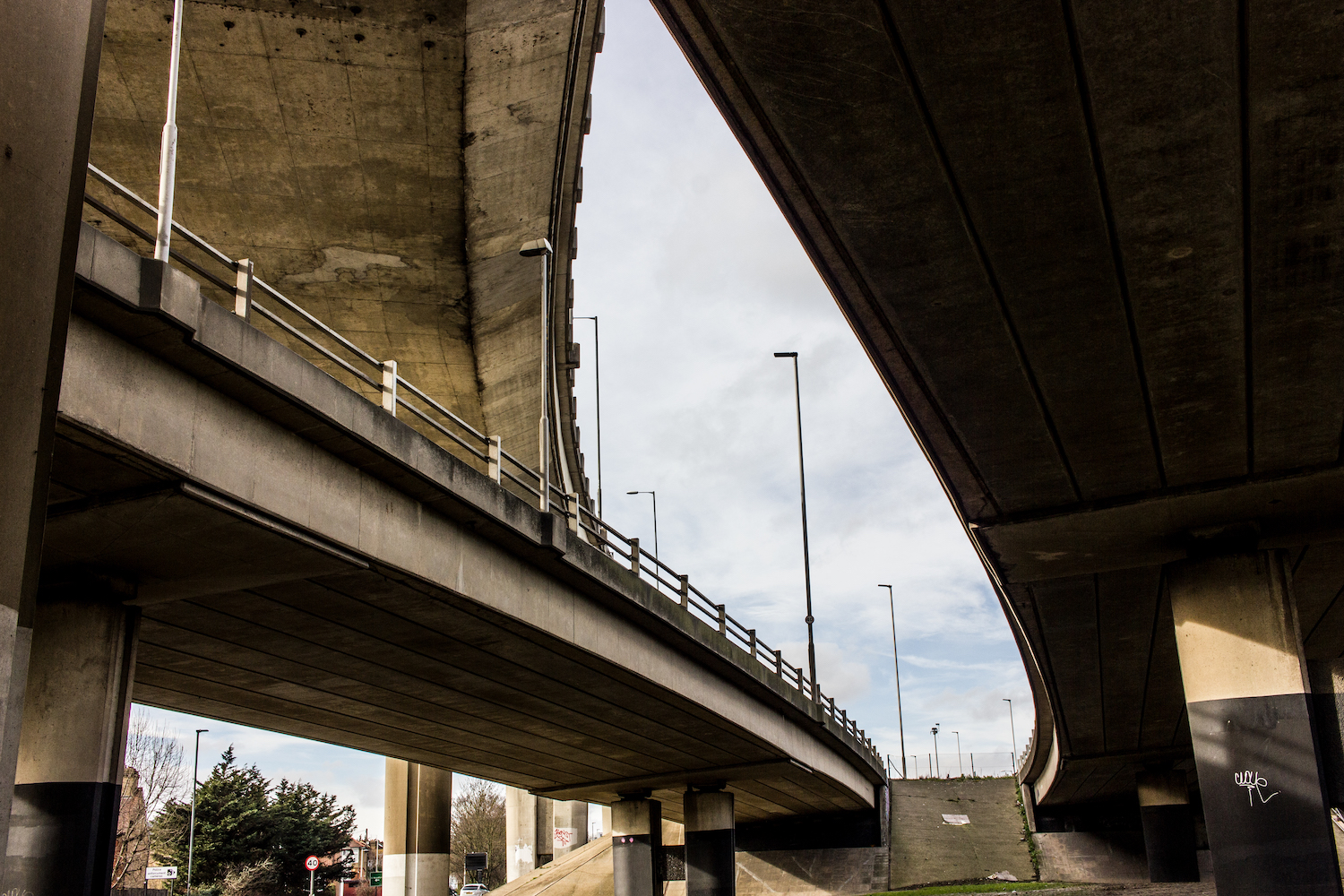 Professional Photography Concrete Roundabout In South Woodford North East London With Three Overpasses Pillars And Ramp