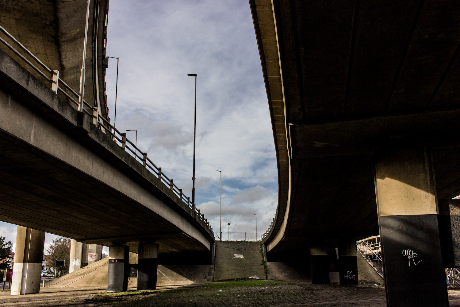 Professional Photography Concrete Roundabout In South Woodford North East London With Three Overpasses Pillars And Ramp