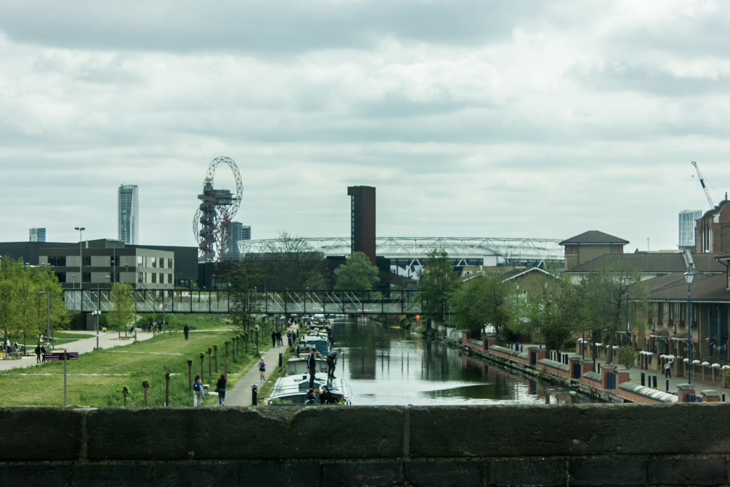 Professional Photography Canal With People And Boats Approaching Olympic Park Stratford East London