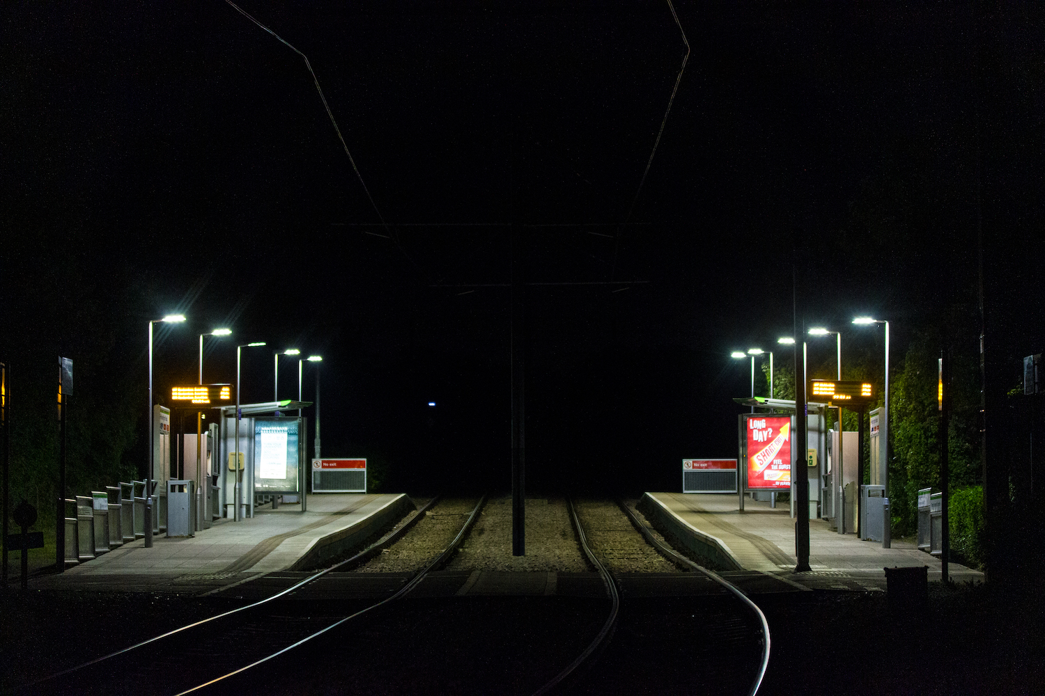 Professional Photography Dark Tram Stop At Midnight With Tracks And Platform In South Norwood London