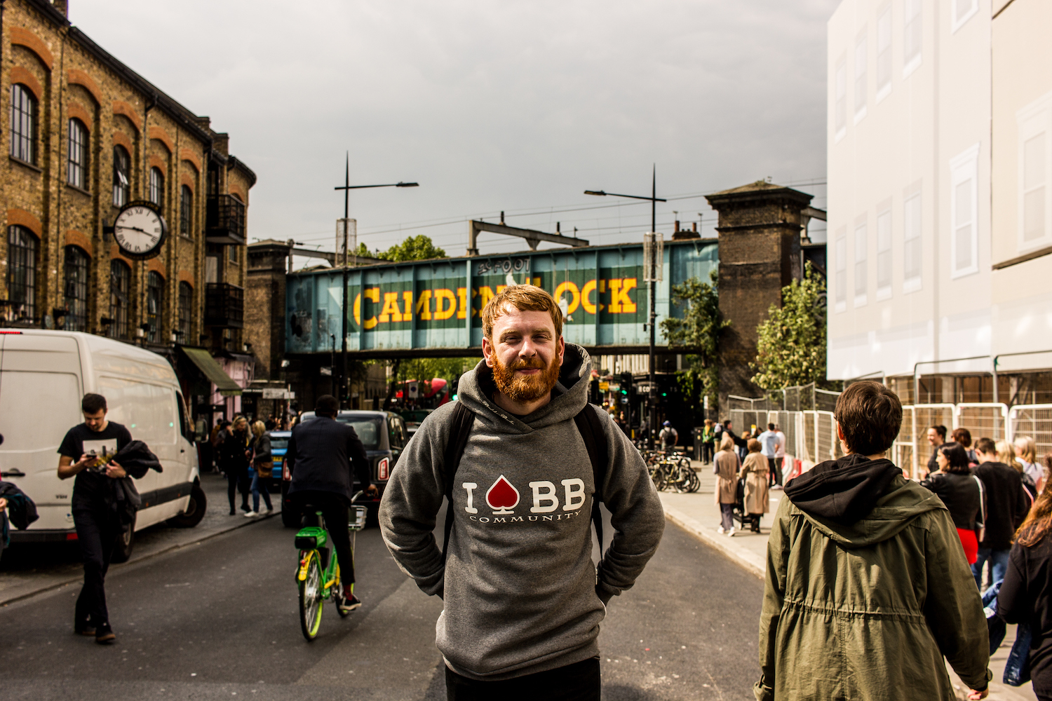 Professional Photography White Man With Beard In Grey Hoody Black Jeans And Backpack Standing In Front Of Bridge In Camden Town